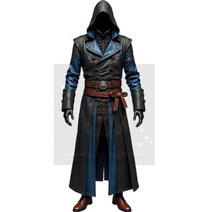 Men's Gothic Hooded Leather Trench Coat: Black & Blue Steampunk Style