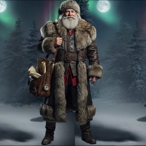 May include: A full-length depiction of Santa Claus in a snowy setting. He is dressed in a brown leather coat with fur trim, a fur hat, and carries a leather satchel. The background shows a snowy landscape, evergreen trees, and a full moon.