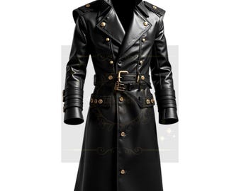 Men's Black Leather Trench Coat: Button Double-Breasted Overcoat
