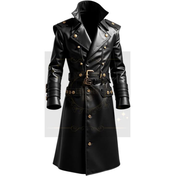 Men's Black Leather Trench Coat: Button Double-breasted Overcoat
