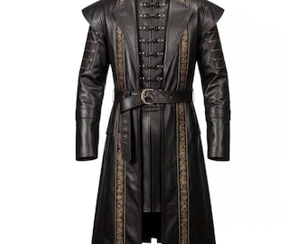Handmade Black Leather Fantasy Coat – Gold Embroidery Leather Cosplay Outfit