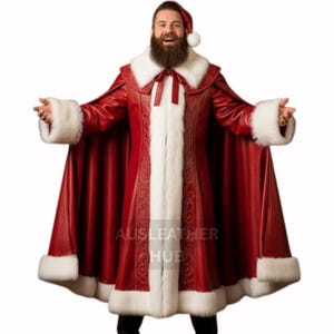 Handmade Leather Santa Robe: Red Christmas Cosplay with Fur Trim