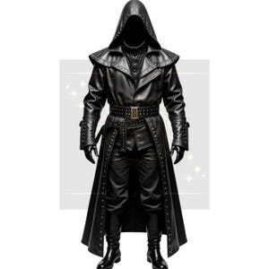 Gabardina de cuero negra con capucha hecha a mano: disfraz gótico steampunk con tachuelas