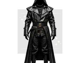 Handcrafted Black Hooded Leather Trench Coat: Gothic Steampunk Studded Costume