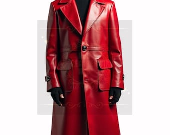 Red Leather Trench Coat: Unisex Buckled Cuff Longline Style