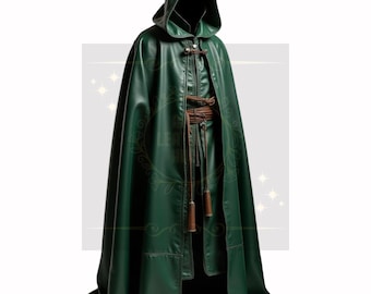 Dark Green Hooded Leather Cloak – Medieval Fantasy Cape for Cosplay