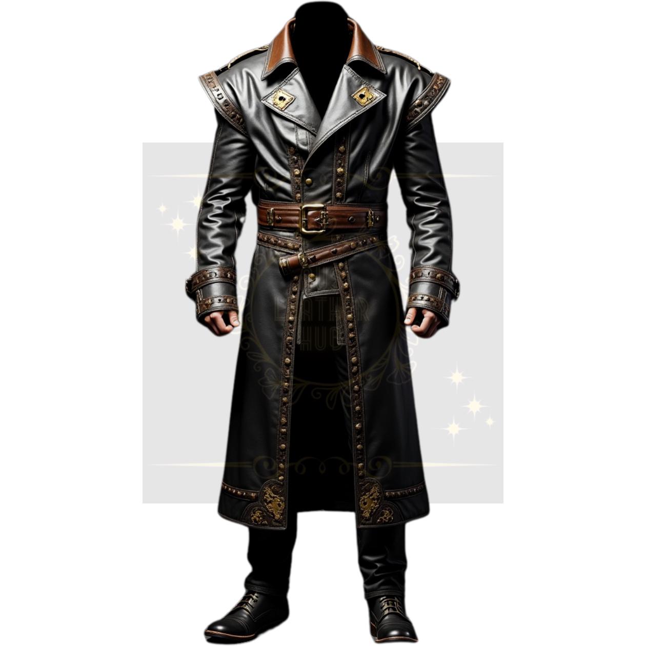 Men's Handcrafted Steampunk Black Leather Trench Coat: Brown Accents, Brass Details