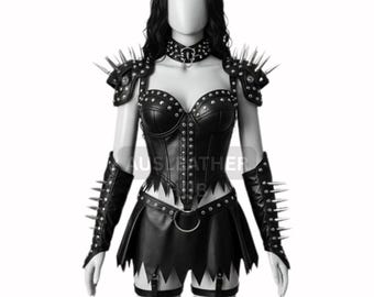 May include: Black leather outfit with silver-tone studs and spikes. The ensemble includes a corset, skirt, arm cuffs, shoulder armor, and a choker. The outfit is displayed on a mannequin.