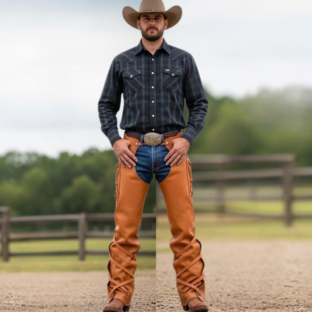 Grey Ranch Riding Chaps Genuine Tan Leather Cowboy Chaps — Western Riding Chaps for Men ...