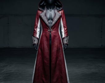 Handmade Red & White Hooded Leather Coat – Ornate Embroidery Leather Cosplay Costume
