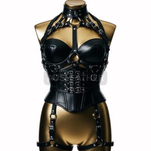 Gothic Punk Black Leather Harness: Studded Collar, Corset Waist, Buckled Straps