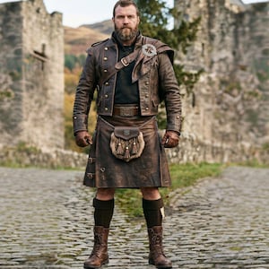 Leather Scottish Kilt Outfit — Highland Warrior Costume for Men — Medieval Cosplay Jacket & Kilt Set