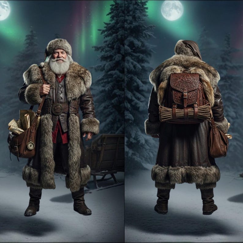 May include: A person in a long brown leather coat with fur trim and a matching fur hat, carrying a leather satchel and a backpack. The background shows a snowy landscape with evergreen trees and a full moon. The coat is reminiscent of a traditional winter outfit.
