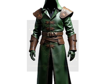 Men&#39;s Green Leather Hooded Cloak: Medieval Cosplay Costume