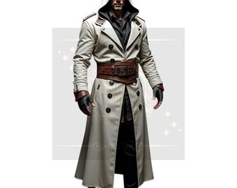 Handcrafted Assassin-Inspired Hooded Trench Coat: White Cosplay Costume