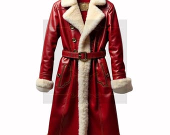 Red Leather Santa Coat: Genuine Fur Trim, Holiday Outerwear
