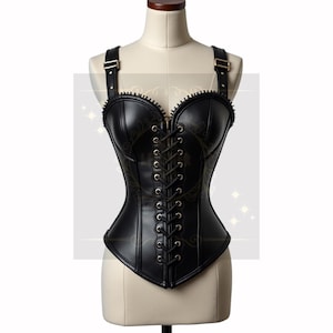 Gothic Steampunk Leather Corset Design- Sexy Black Leather Corset with Buckle Straps- Adjustable Lace-Up Leather Corset Top- Corset Bustier