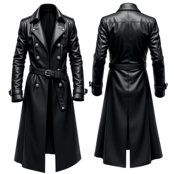 メンズゴシックブラックレザートレンチコート：ダブルブレスト、フル