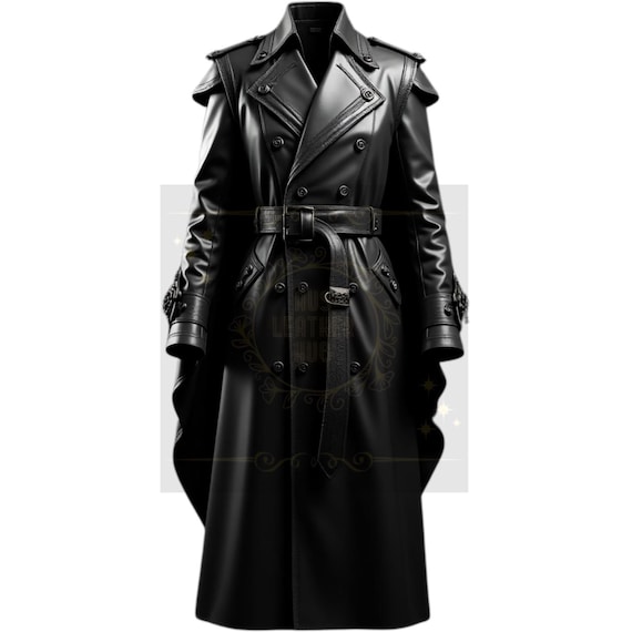 Echter Schwarzer Leder Trenchcoat Zweireihige Eleganz mit Gürtel - Main Image