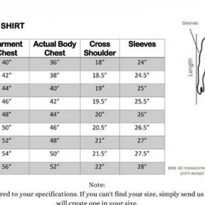 May include: Size chart for jackets, coats, and shirts, with measurements in inches. Includes garment chest, actual body chest, cross shoulder, and sleeve lengths. A diagram illustrates where to measure the body.