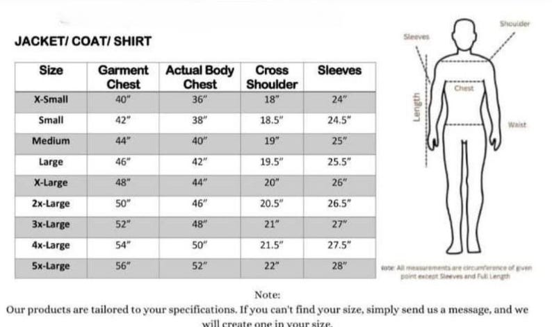 May include: Size chart for jackets, coats, and shirts, with measurements in inches. Includes garment chest, actual body chest, cross shoulder, and sleeve lengths. A diagram illustrates where to measure the body.