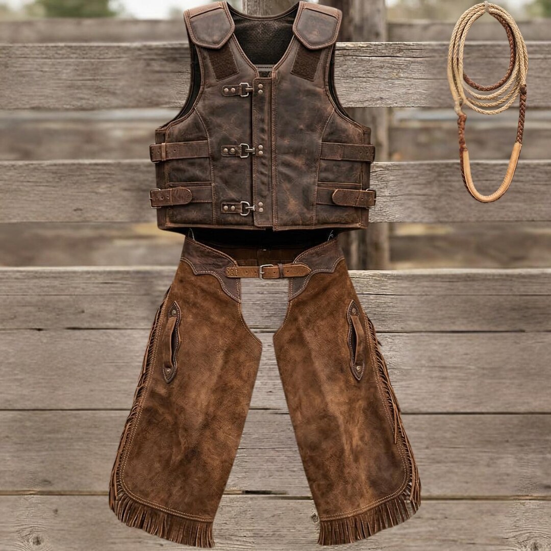 Men's Brown Cowboy Leather Vest & Fringe Chaps Set — Western Rodeo