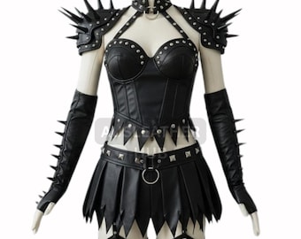 May include: Black leather outfit with studded accents, including a corset, skirt, and shoulder armor. The ensemble features spiked details on the shoulders, gloves, and collar, creating a bold, edgy aesthetic. The outfit is displayed on a mannequin.