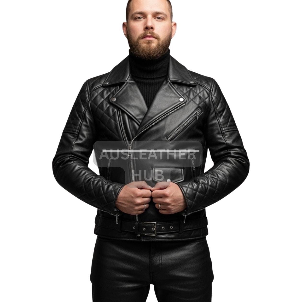 プレミアムブラックレザーモトジャケット - メンズブラック