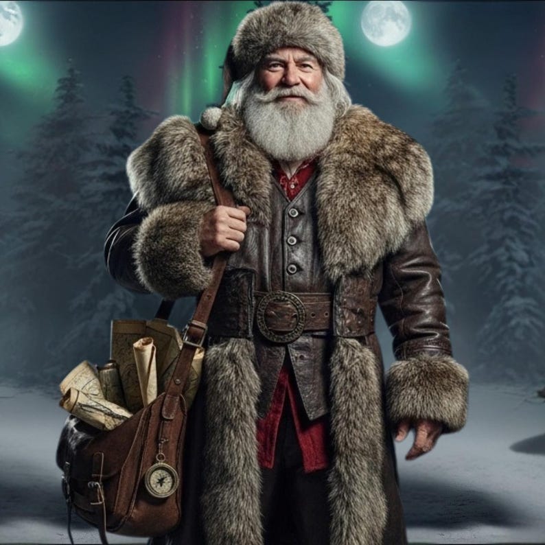 May include: A depiction of Santa Claus, dressed in a fur-trimmed coat and hat, with a leather satchel. He has a long white beard and is set against a snowy forest backdrop. The background includes a full moon and the aurora borealis.