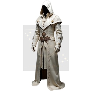 Men's Handmade Cream Embroidered Hooded Cloak: Medieval Cosplay Cape