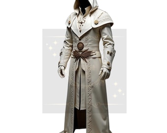 Men's Handmade Cream Embroidered Hooded Cloak: Medieval Cosplay Cape