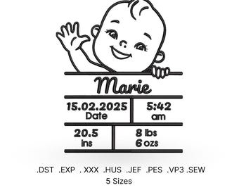 Borduurontwerp geboortestatistieken baby: aanpasbare sjabloon (digitale download)