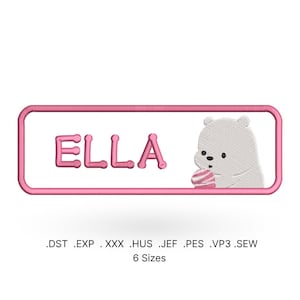 Könnte beinhalten: Rosa rechteckiges Stickdesign mit dem Namen "ELLA" und einem weißen Eisbären, der ein rosa-weiß gestreiftes Eis am Stiel hält.