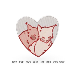 Può includere: Due gatti dei cartoni animati con contorno rosso che si coccolano all'interno di una forma di cuore bianco.