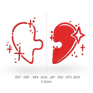 May include: Two red heart puzzle pieces with a star on one side. The pieces are outlined in white and have a dotted pattern around them. The text below the image reads '.DST .EXP .XXX .HUS .JEF .PES .VP3 .SEW 5 Sizes'.