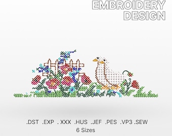 Machineborduurontwerp met gans en wilde bloemen (digitale download)