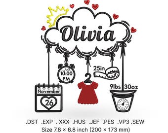 Motif de broderie statistique de naissance petite fille : modèle de cerceau souvenir (téléchargement numérique)