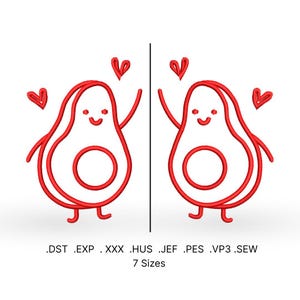 Puede incluir: Dos ilustraciones de aguacate de dibujos animados rojos con corazones, sonriendo y tomándose de la mano. El texto de abajo dice '.DST .EXP .XXX .HUS .JEF .PES .VP3 .SEW 7 Tamaños'.