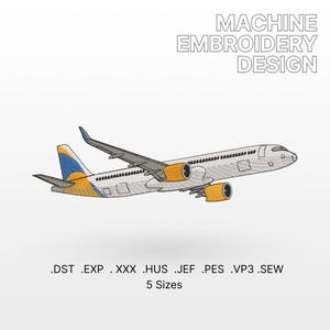 May include: Machine embroidery design of a white airplane with orange and blue accents. The design is available in 5 sizes and in the following formats: DST, EXP, XXX, HUS, JEF, PES, VP3, and SEW.