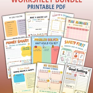 Puede incluir: Un paquete de 10 hojas de trabajo imprimibles para niños sobre habilidades para la vida. Las hojas de trabajo cubren temas como rutinas diarias, listas de compras, gestión del tiempo, dinero y seguridad. Cada hoja tiene un diseño colorido.