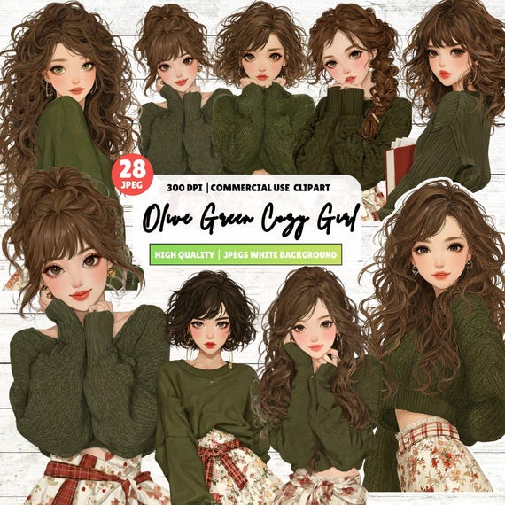 Olive Green Cozy Girl Clipart, Watercolor Fashion Illustration for Planner, Scrapbook, Digital Download, Fall Aesthetic, Lifestyle Decor