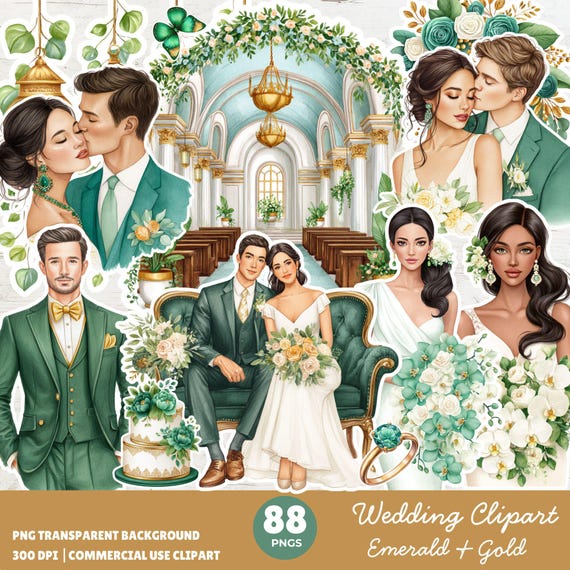 Emerald and Gold Wedding Clipart: Watercolor PNG Set (88 Files)