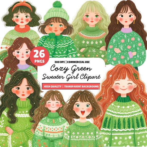 Cozy Green Sweater Girl Clipart, Watercolor Christmas Woman PNG, Hygge Winter Girl, Digital Download