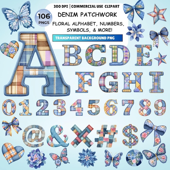 Denim Patchwork Floral Clipart: Letters, Numbers, Symbols (PNG Digital Download)