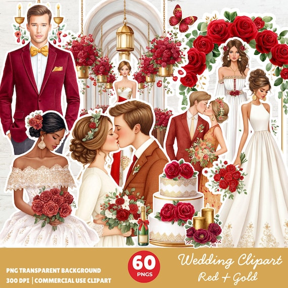 Red and Gold Wedding Clipart: Watercolor PNG Set