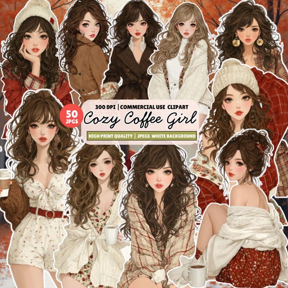 Cozy Coffee Girl Watercolor Clipart, Autumn Coffee Girls Art