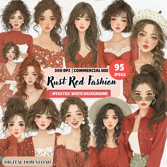 Rust Red Fashion Girl Clipart, 95 JPEG Illustrations (Digital Download)