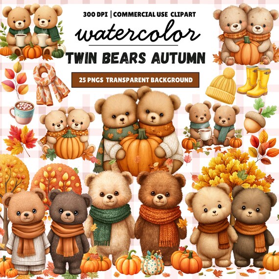 Watercolor Fall Twin Bears Clipart PNG: Autumn Pumpkin Design (Digital Download)
