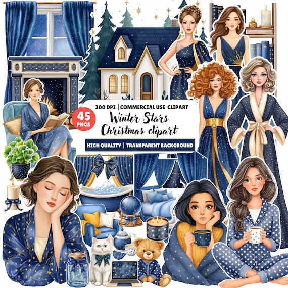 Winter Stars Christmas Clipart, Blue Gold Girl PNG, Elegant Winter Woman, Luxury Starry Night