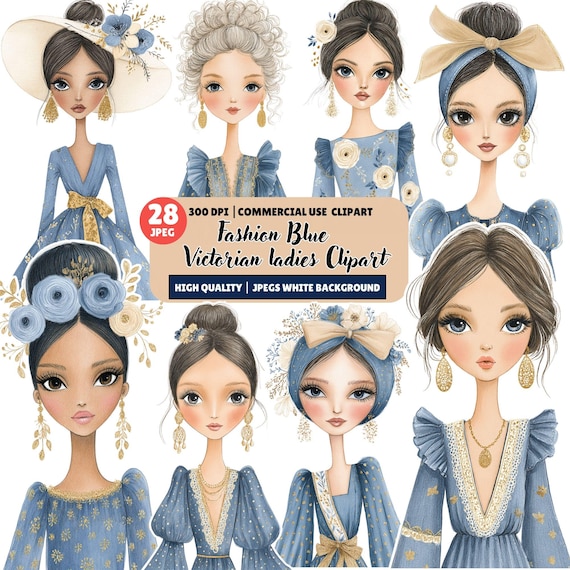 Blue Victorian Ladies Clipart, Fashion Illustration Set (28 JPEG)